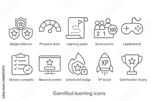 Gamified Learning Icons. Line style icons of gamified learning: badge collection icon, progress level icon, learning quest, score