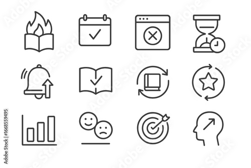 Digital Learning Icons. Line style icons of digital learning habits: study streak icon, daily login badge, distraction blocker,