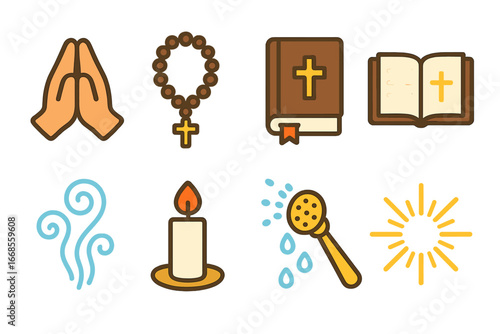 Children's Prayer Icons. Flat vector mini-illustrations liturgy prayers in colors children's illustrations: folded hands, rosary