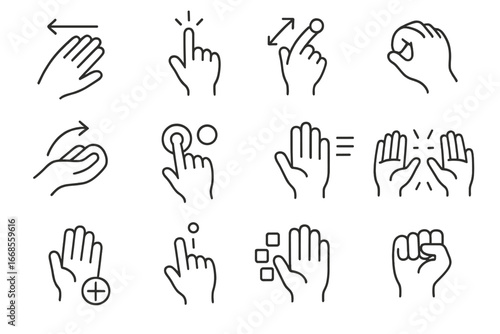Gesture Icon Collection. Line style icons of gesture and motion controls: swipe hand icon, tap air icon, zoom gesture icon, grab