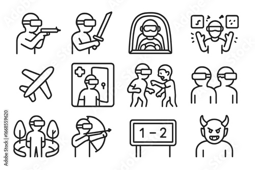 VR Gaming Icons. Line style icons of VR gaming experiences: first-person shooter, sword battle icon, racing game cockpit, rhythm