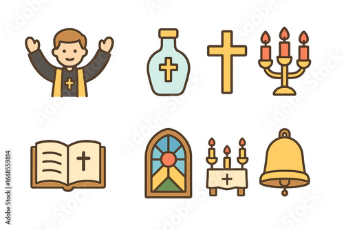 Children's Religious Icons. Flat vector mini-illustrations religious blessing in colors children's illustrations: priest with
