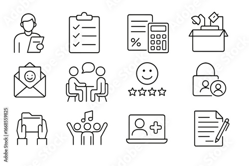 Employee Offboarding Icons. Line style icons of employee offboarding: resignation process, exit checklist, final settlement icon,