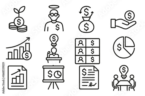 Startup Funding Icons. Line style icons of startup funding stages: seed round icon, angel investor, venture capital, Series A