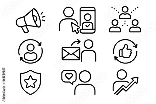 Startup Journey Icons. Line style icons of startup customer journey: awareness icon, acquisition icon, onboarding icon, engagement
