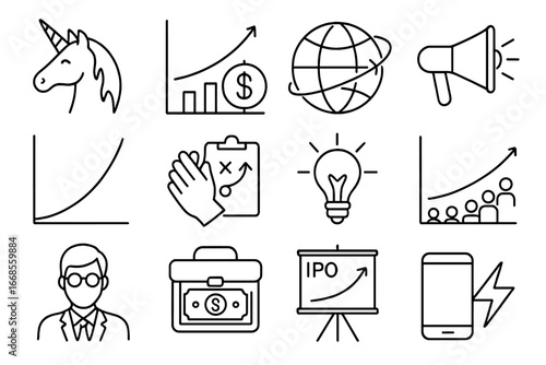 Unicorn Startup Icons. Line style icons of unicorn startups: unicorn icon, $1B valuation chart, global expansion, media coverage,