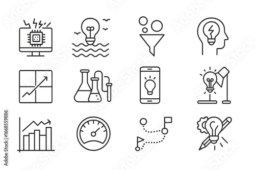 Innovation Line Icons. Line style icons of business innovation: disruptive tech icon, blue ocean strategy, innovation funnel,