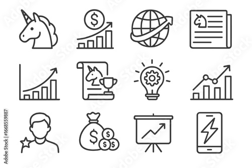 Unicorn Startup Icons. Line style icons of unicorn startups: unicorn icon, $1B valuation chart, global expansion, media coverage,