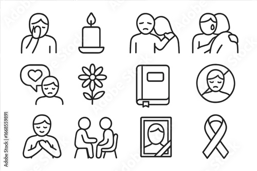 Icons of Grief Support. Line style icons of grief and loss support: grief icon, memory candle, support after loss, grieving