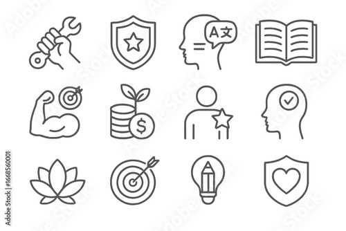 Personal Growth Icons. Line style icons of personal growth goals: skill mastery icon, learning badge, language goal icon, reading