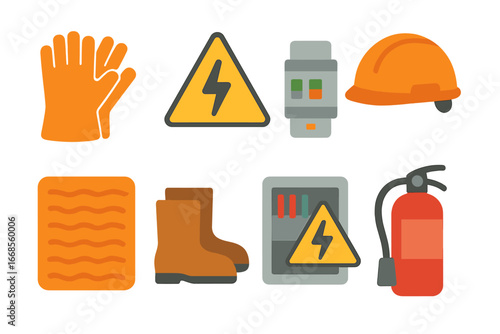 Children's Safety Icons. Flat vector mini-illustrations voltage safety in colors children's illustrations: insulated gloves,