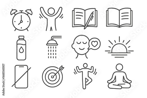 Morning Productivity Icons. Line style icons of morning productivity habits: early wake-up icon, stretch icon, journal icon, read