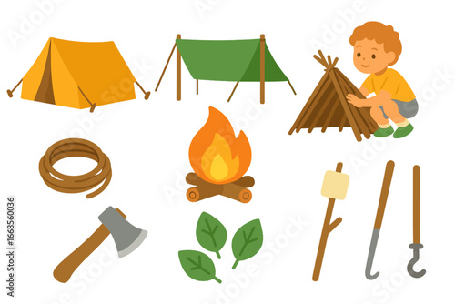 Children's Shelter Icons. Flat vector mini-illustrations survival shelter in colors children's illustrations: tent, tarp, fire,
