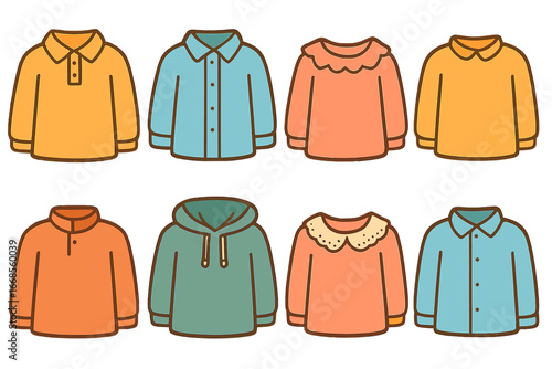 Children's Shirt Illustrations. Flat vector mini-illustrations long sleeve shirts with collars in colors children's illustrations: