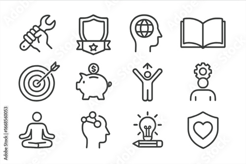Personal Growth Icons. Line style icons of personal growth goals: skill mastery icon, learning badge, language goal icon, reading