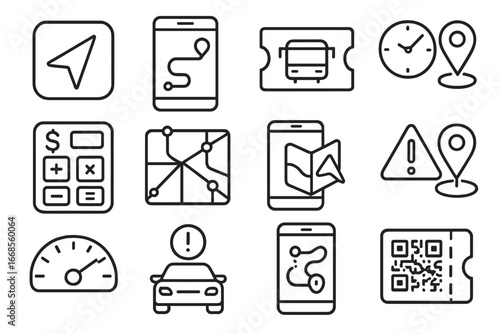 Transport App Icons. Line style icons of transport apps and UI: navigation app icon, live tracking screen, ticket booking icon,