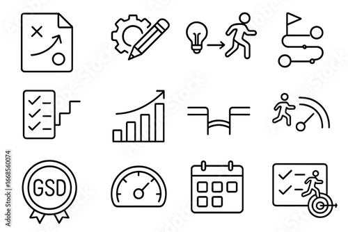 Planning and Execution Icons. Line style icons of planning and execution: plan icon, execute icon, idea to action, roadmap layout,
