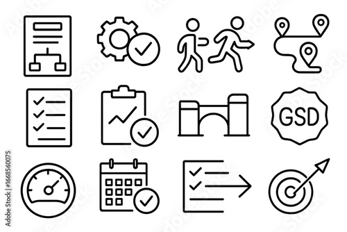 Planning and Execution Icons. Line style icons of planning and execution: plan icon, execute icon, idea to action, roadmap layout,