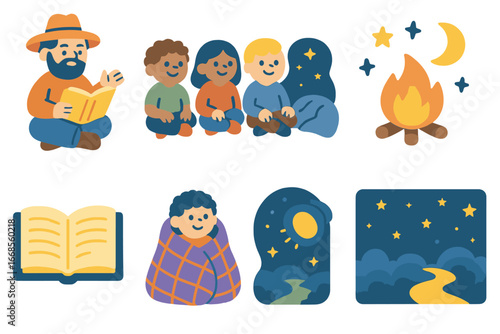 Children's Storybook Icons. Flat vector mini-illustrations storytelling end in colors children's illustrations: storyteller,