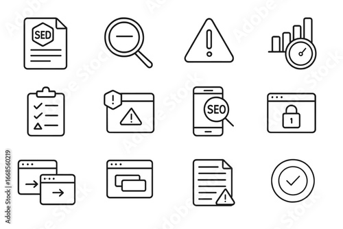 SEO Audit Icons. Line style icons of SEO audits: site audit report, error checker icon, warning sign icon, performance bar icon,