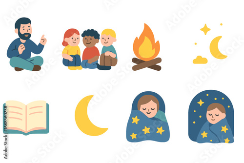 Children's Storytime Icons. Flat vector mini-illustrations storytelling end in colors children's illustrations: storyteller,