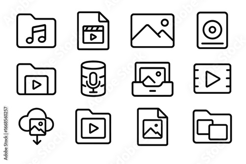 Media File Icons. Line style icons of media file storage: music folder icon, movie file icon, image gallery icon, audio archive