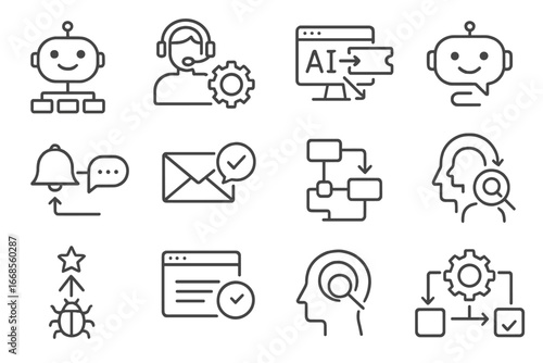 Support Automation Icons. Line style icons of automation in support: chatbot flow icon, support automation icon, AI ticket