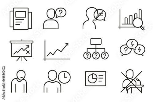 Startup Pitch Mistakes Icons. Line style icons of startup pitch mistakes: too many slides icon, no clear ask icon, poor