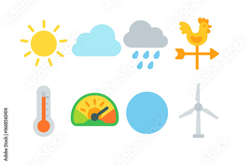 Children's Weather Icons. Flat vector mini-illustrations solar weather in colors children's illustrations: sun with rays, cloudy