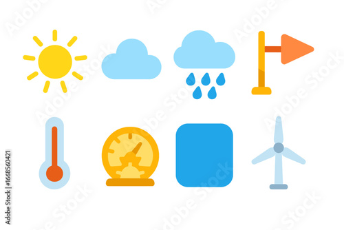 Children's Weather Icons. Flat vector mini-illustrations solar weather in colors children's illustrations: sun with rays, cloudy