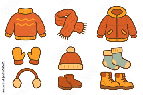 Children's Winter Attire Icons. Flat vector mini-illustrations winter clothing snuggle in colors children's illustrations: knitted