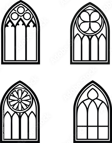 Gothic Window Vector Pack Outlines of Ornate Church Windows Featuring Geometric and Floral Designs Set on White Background