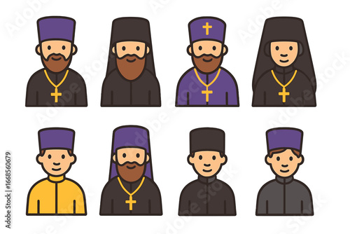 Clergy Hats Illustrations. Flat vector mini-illustrations kamilavka worn by clergy in colors children's illustrations: priest with