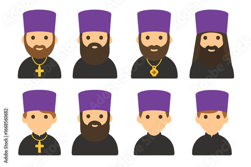 Clergy Hats Illustrations. Flat vector mini-illustrations kamilavka worn by clergy in colors children's illustrations: priest with