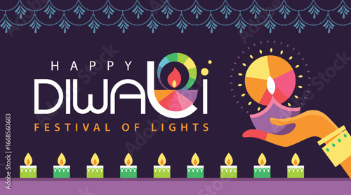 Happy Diwali Hindu festival poster with 2 Indian women's hands holding oil lamp and typography design.

