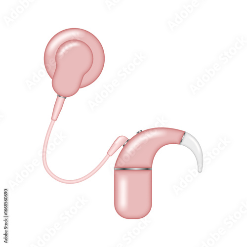 Realistic cochlear implant vector 3d model blank mockup isolated on white background, hearing aid electronic device medical technology for improved hearing for individual with severe hearing loss.