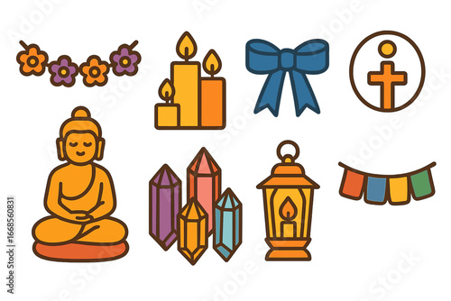 Colorful Altar Miniatures. Flat vector mini-illustrations altar decorations in colors children's illustrations: flower garlands,