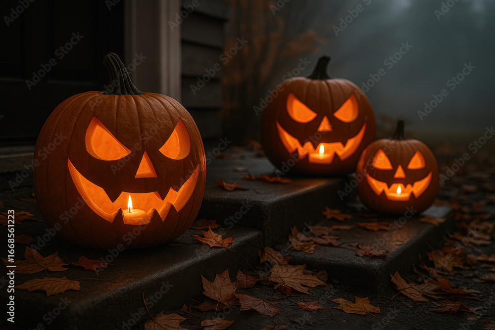 Fototapeta premium Glowing carved Halloween pumpkins on the porch among fallen autumn leaves. Festive and mystical atmosphere, evening lighting, warm candlelight illuminating the spooky jack-o'-lantern faces.