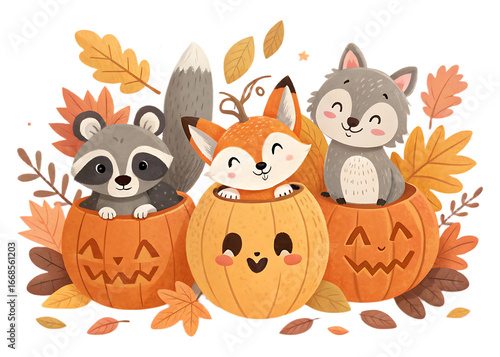 Wallpaper Mural Cartoon animals raccoon fox and wolf sitting inside pumpkins with fall leaves decoration around them Torontodigital.ca