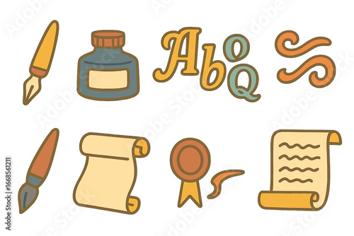 Colorful Calligraphy Icons. Flat vector mini-illustrations calligraphy in colors children's illustrations: calligraphy pen, ink