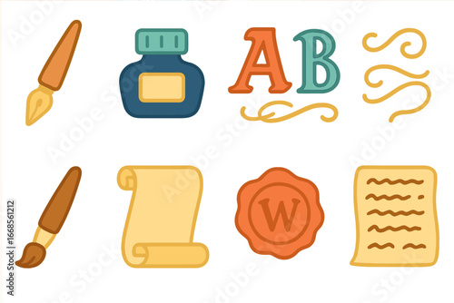 Colorful Calligraphy Icons. Flat vector mini-illustrations calligraphy in colors children's illustrations: calligraphy pen, ink