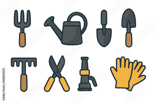 Colorful Cast Iron Tools. Flat vector mini-illustrations cast iron garden tools in colors children's illustrations: cast iron