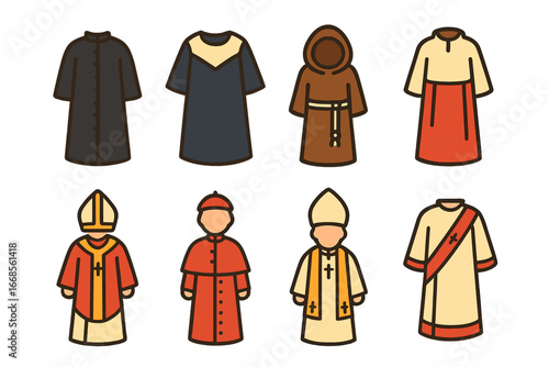 Colorful Church Robes. Flat vector mini-illustrations church robes in colors children's illustrations: cassock, choir robe, monk