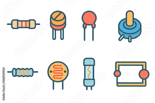 Colorful Circuit Symbols. Flat vector mini-illustrations resistance in colors children's illustrations: resistor, variable