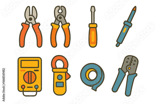 Colorful Conductor Tools. Flat vector mini-illustrations conductor tools in colors children's illustrations: pliers, wire stripper