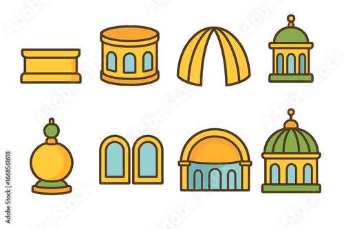 Colorful Dome Illustrations. Flat vector mini-illustrations dome parts in colors children's illustrations: dome base, dome drum,
