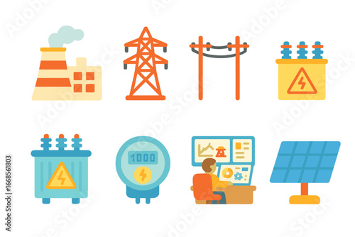 Colorful Energy Icons. Flat vector mini-illustrations energy grid in colors children's illustrations: power plant, electrical