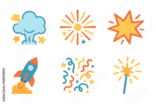 Colorful Explosive Icons. Flat vector mini-illustrations kaboom in colors children's illustrations: explosion cloud, bursting