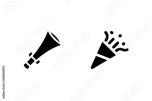 Two simple black birthday icons a party horn and a confetti popper celebration