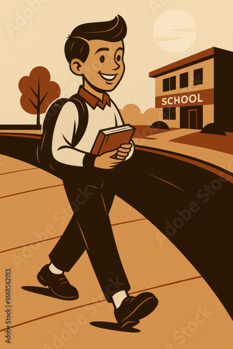 Vintage illustration of a schoolboy with books and a backpack walking to school. Retro style, warm tones, concept of education, knowledge, and learning.